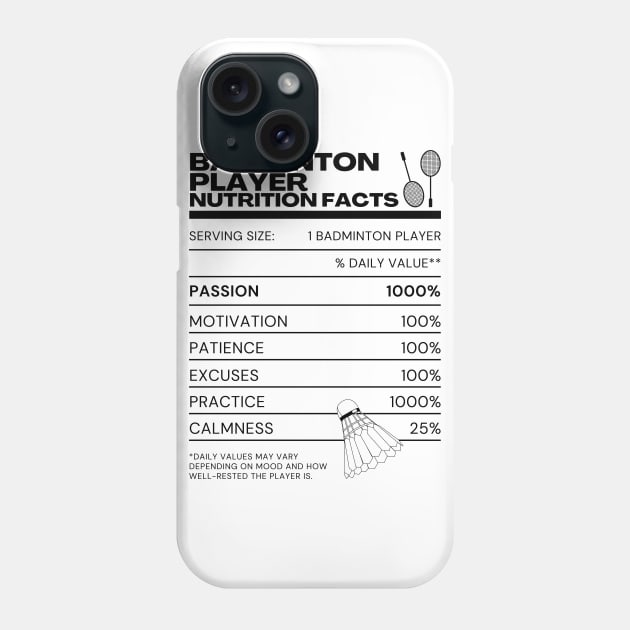 Badminton Player Nutrition Facts - Funny Memes Rackets Shuttlecock Phone Case by Millusti