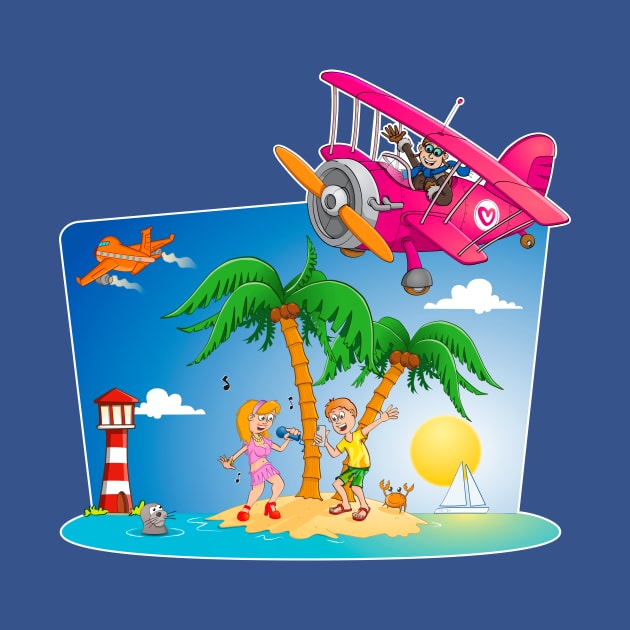 Two airplanes and a girl and boy on an island by Stefs-Red-Shop