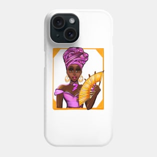 Queen Black is beautiful Anime Manga black girl with fan, Purple headdress, necklace, earrings, gold dress and head wrap, brown eyes and dark brown skin ! Phone Case