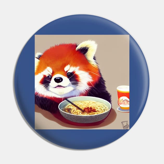 Kawaii Red Panda Eating Ramen Pin by Grassroots Green