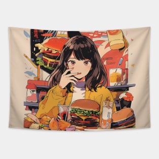 Girl in burger restaurant Tapestry