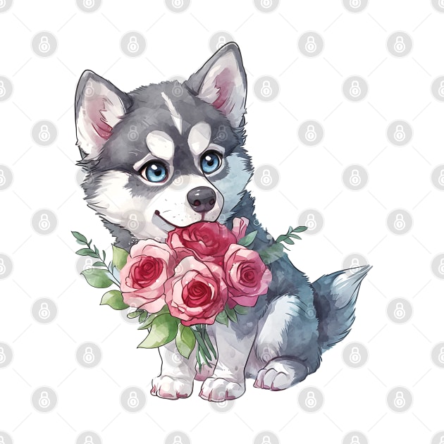 Valentine Siberian Husky Dog Giving Flowers by Chromatic Fusion Studio