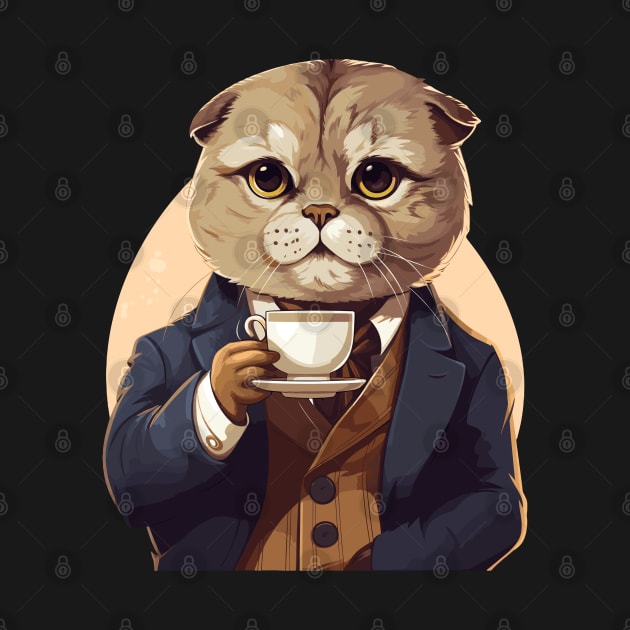 Scottish Fold Cat Drinking Coffee by Graceful Designs