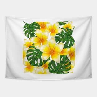 Plumeria with Monstera Leaves Tapestry