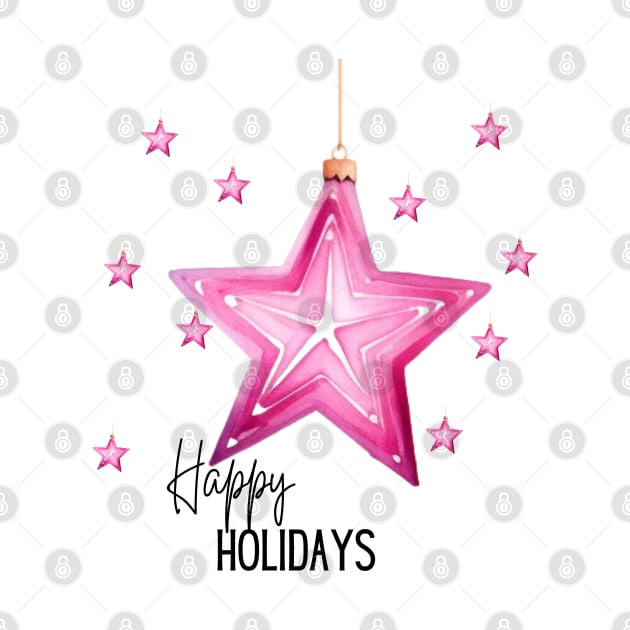 Happy Holidays with Pink Stars and Gold String by mw1designsart