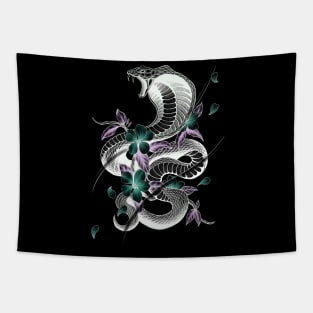 Fierce Cobra Tattoo Style with Cherry Blossoms Tapestry