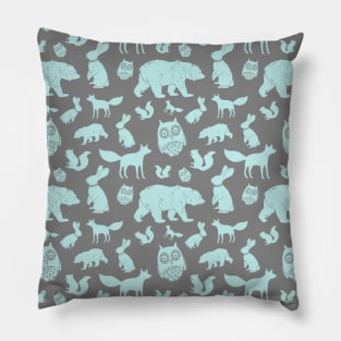 Grey Light Blue Forest Animals Fox Bunny Bear Owl Pillow