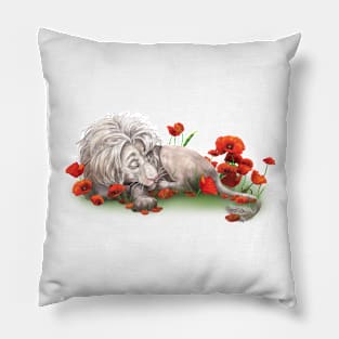 White lion sleeps in a poppy field Pillow