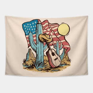 Vintage American Southwest Cartoon with Cactus, Guitar & American Flag Tapestry