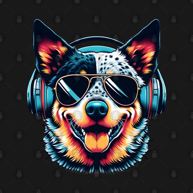 Australian Cattle Dog Smiling DJ with Headphones by ArtRUs