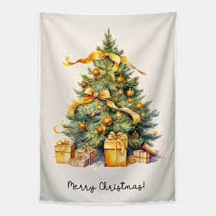 Gold Christmas Tree with Presents Watercolor Art Tapestry