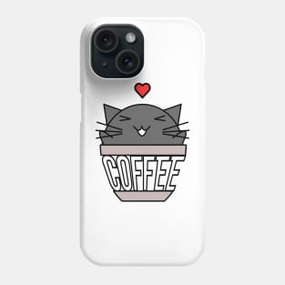 Happy cat in coffee cup with warped text heart on head black Phone Case
