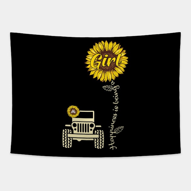 Jeep Sunflower Jeep GIrl Happiness is being a Girl Jeep Women Tapestry by Jane Sky