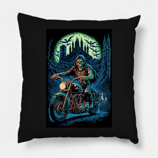 Skeleton Riding Motorbike - Green Moon Pillow