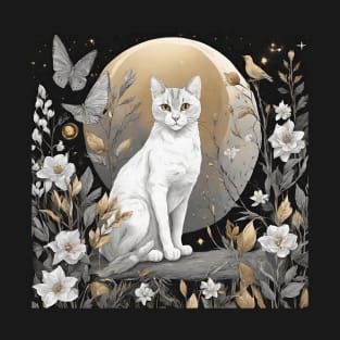 Moonlit Cat and Flowers T-Shirt