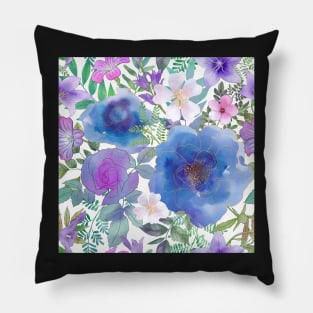 Blue roses and bellflowers.Vibrant watercolor wild flowers print Pillow