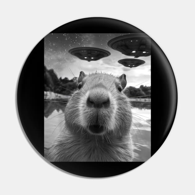 Funny Capybara Selfie with UFOs Pin by unaffectedmoor