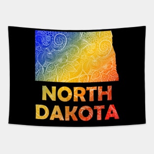 Colorful mandala art map of North Dakota with text in blue, yellow, and red Tapestry