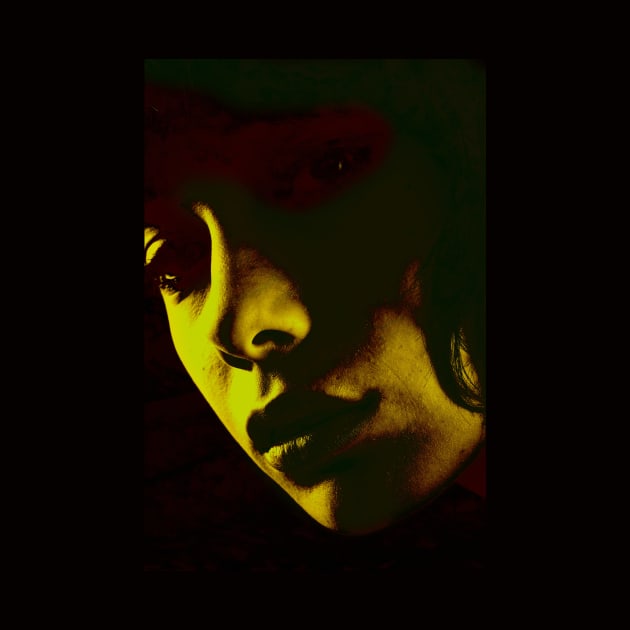 Beautiful girl face in dark lighting. Yellow green light, red tones. Dark and beautiful. by 234TeeUser234