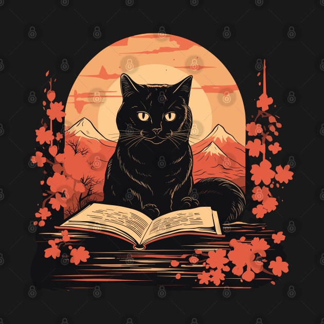 Japanese Floral Black Cat And Book Catshirt by VisionDesigner