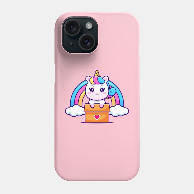 Cute Unicorn In Box With Rainbow Cartoon Phone Case by Catalyst Labs