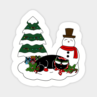 Winter Cat with Christmas Tree and Snowman Magnet