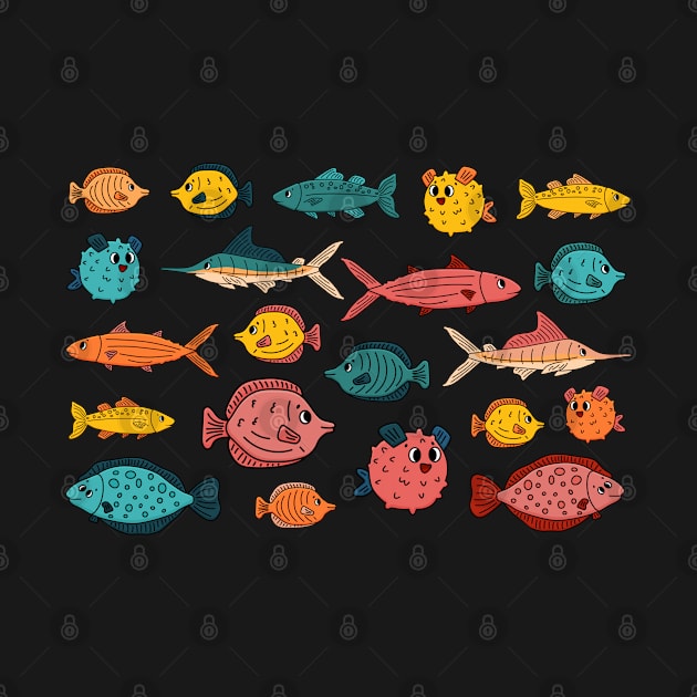Set of outline different cartoon underwater fish, tang, flounder, tuna, ocean burrfish, sea marlin. Doodle isolated animals by essskina