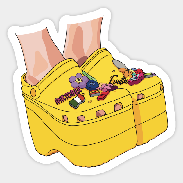 Yellow high heel wedge Croc shoes with accessories - Yellow Crocs - Sticker  | TeePublic