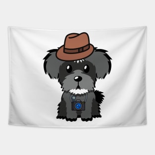 Funny schnauzer is holding a camera Tapestry