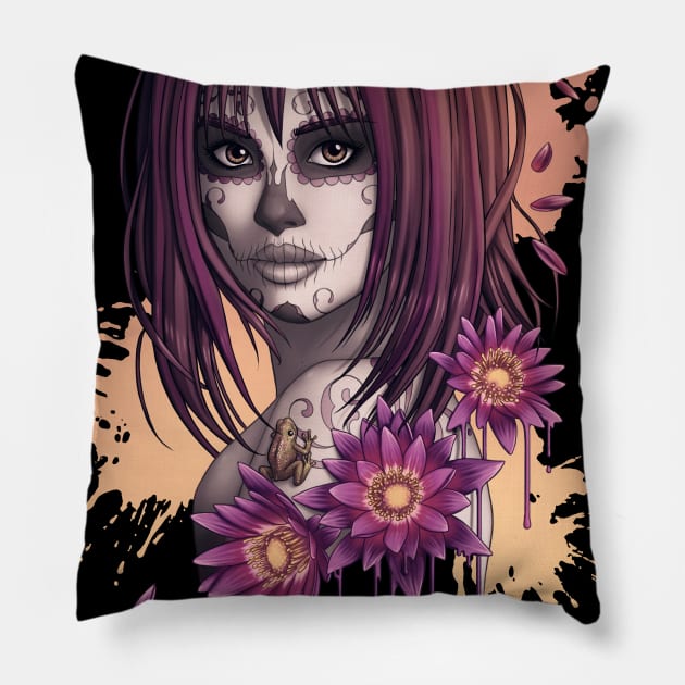 Candy Skull Girl with Flowers and Frogs Pillow by bomazu