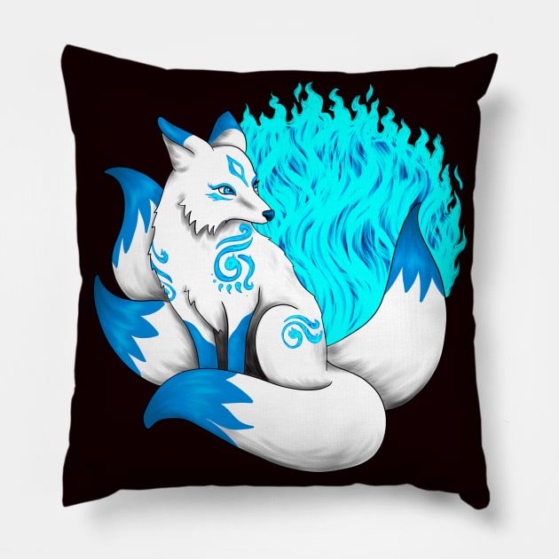 Aqua Blue Kitsune Fox Pillow by Lady Lilac