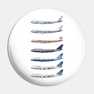 United Airlines Full Complement of 747 Liveries Tee Shirt Version Pin