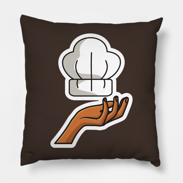 Chef Cooking Hat on Chef Hand Sticker design vector illustration. Kitchen cooking object icon concept. Creative hand and chef cap sticker design logo. Chef logo icon concept. Pillow by AlviStudio