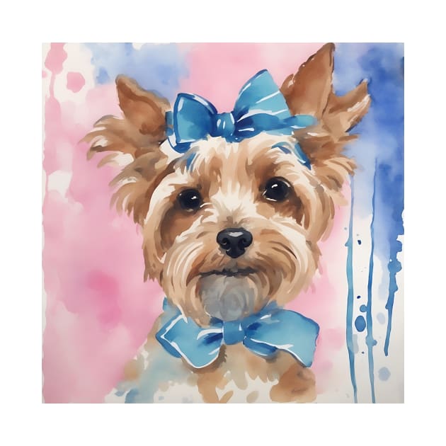 Cute preppy Terrier with blue bows watercolor painting by SophieClimaArt