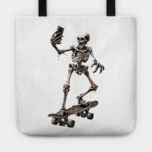 A skeleton rides a skateboard Tote