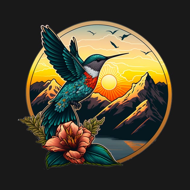 Hummingbird with setting sun and mountain flowers by SCHummingbirds