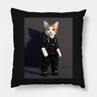 Cat Wearing Overalls - Modern Digital Art Pillow