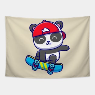 Cute Panda Playing Skateboard Cartoon Tapestry