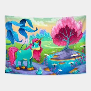 Happy unicorn in a landscape of dreams Tapestry