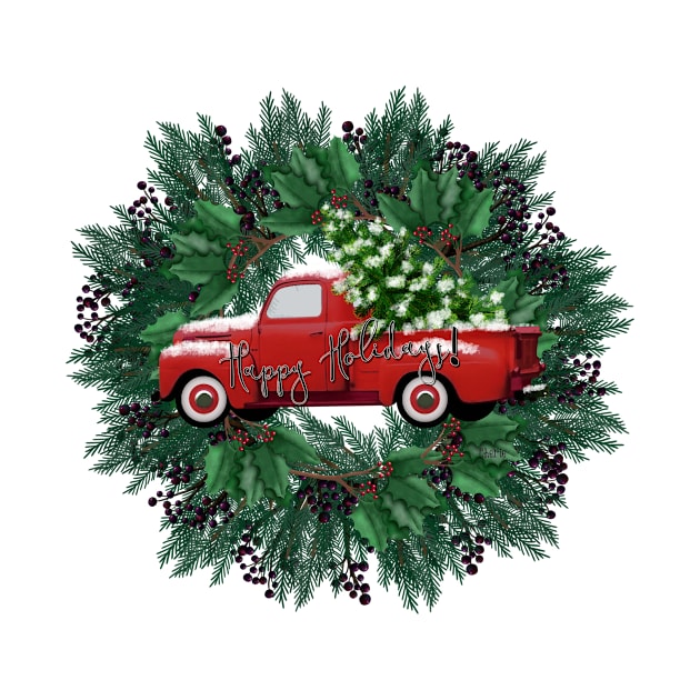 Christmas Wreath | Happy Holidays! Truck | Berries and Holly by Cherie(c)2021 by CheriesArt