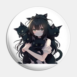 Anime Girl Hugging Many Black Cats Pin