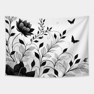 Simple black and white flower botanical pattern Tapestry