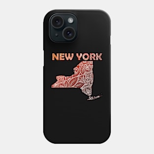 Colorful mandala art map of New York with text in brown and orange Phone Case