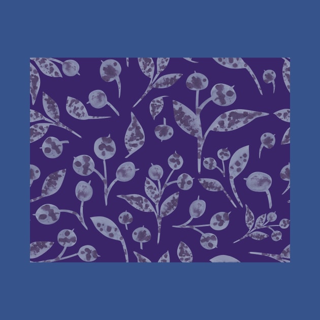 Seamless winter pattern with snow-covered berries. Hand drawn watercolor blueberries and leaves on blue. Perfect for greeting card, postcard, poster, logo, textile, fabric, packaging, wrapping paper. by Olesya Pugach