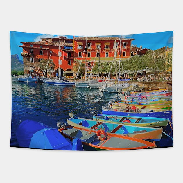 Boats Garda Port Italy Tapestry by Anuchartl