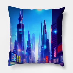 Ai Generated Art Scenery - Futuristic City Skyline With Shops And Neon Lighting Pillow