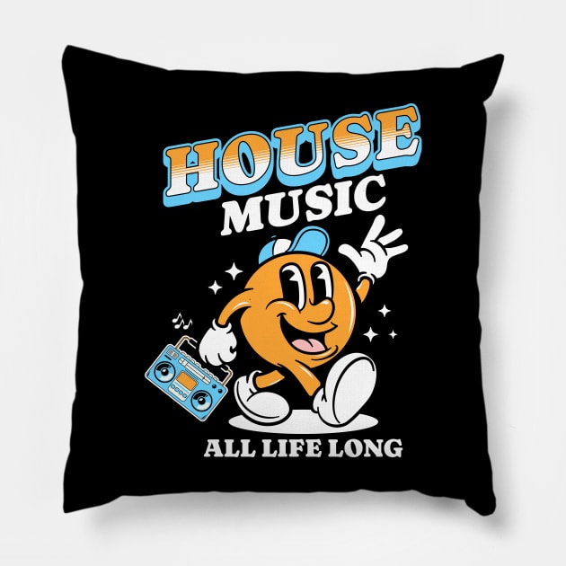 HOUSE MUSIC  - Retro Mascot All Life Long (white/orange/blue) Pillow by DISCOTHREADZ 