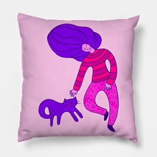 Cool girl with purple hair and purple cat walking, version 5 Pillow