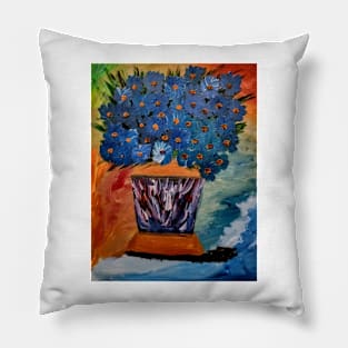 Blue flowers bouquet in a metallic gold and blue vase Pillow