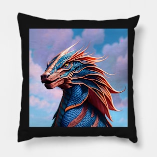 Intricate Blue and Orange Scaled Dragon at Sunset Pillow